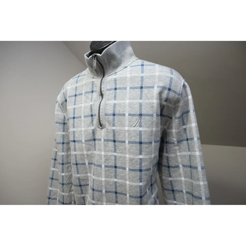 Nautica 1/4 Zip Pullover Mens XL Grey Blue Plaid Fleece Sweatshirt Excellent
